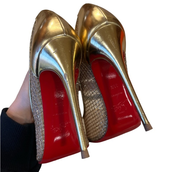 Christian Louboutin Follies Resille Glitter Fishnet High Heels Pumps Gold 8.5 - Picture 14 of 16